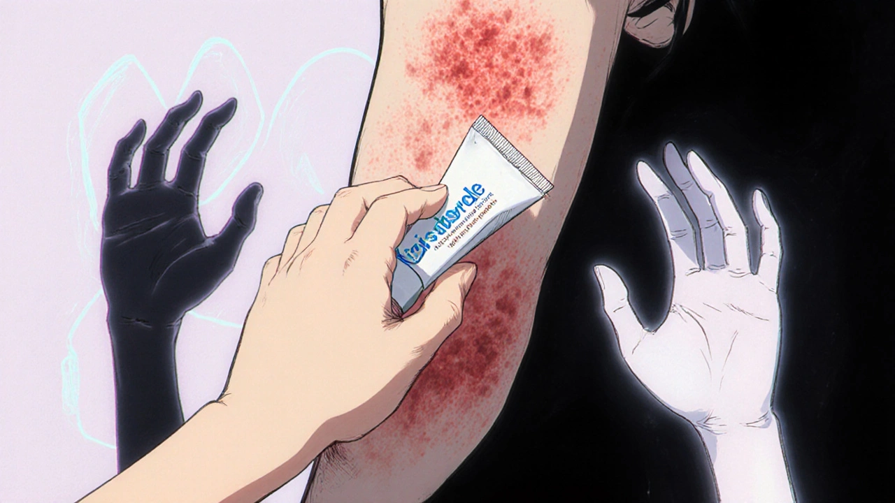 A child's hand applying white ointment to eczema as shadowy hands of Temovate retreat behind them.