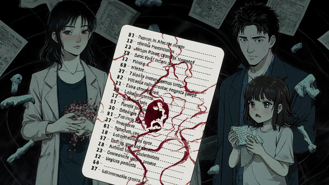 A medical alert card with writhing drug names, a family surrounded by ghostly blood cells and demonic mothballs in a dark vortex.