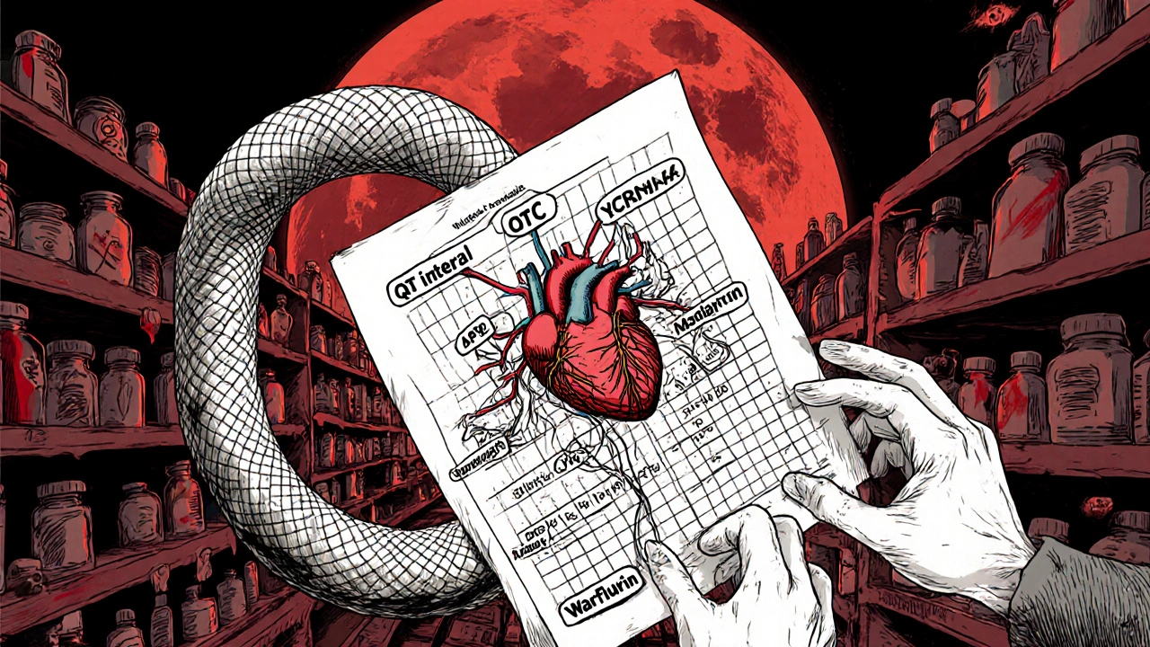A medical chart becomes a serpent of veins connected to a failing heart, haunted by ghostly supplement hands.