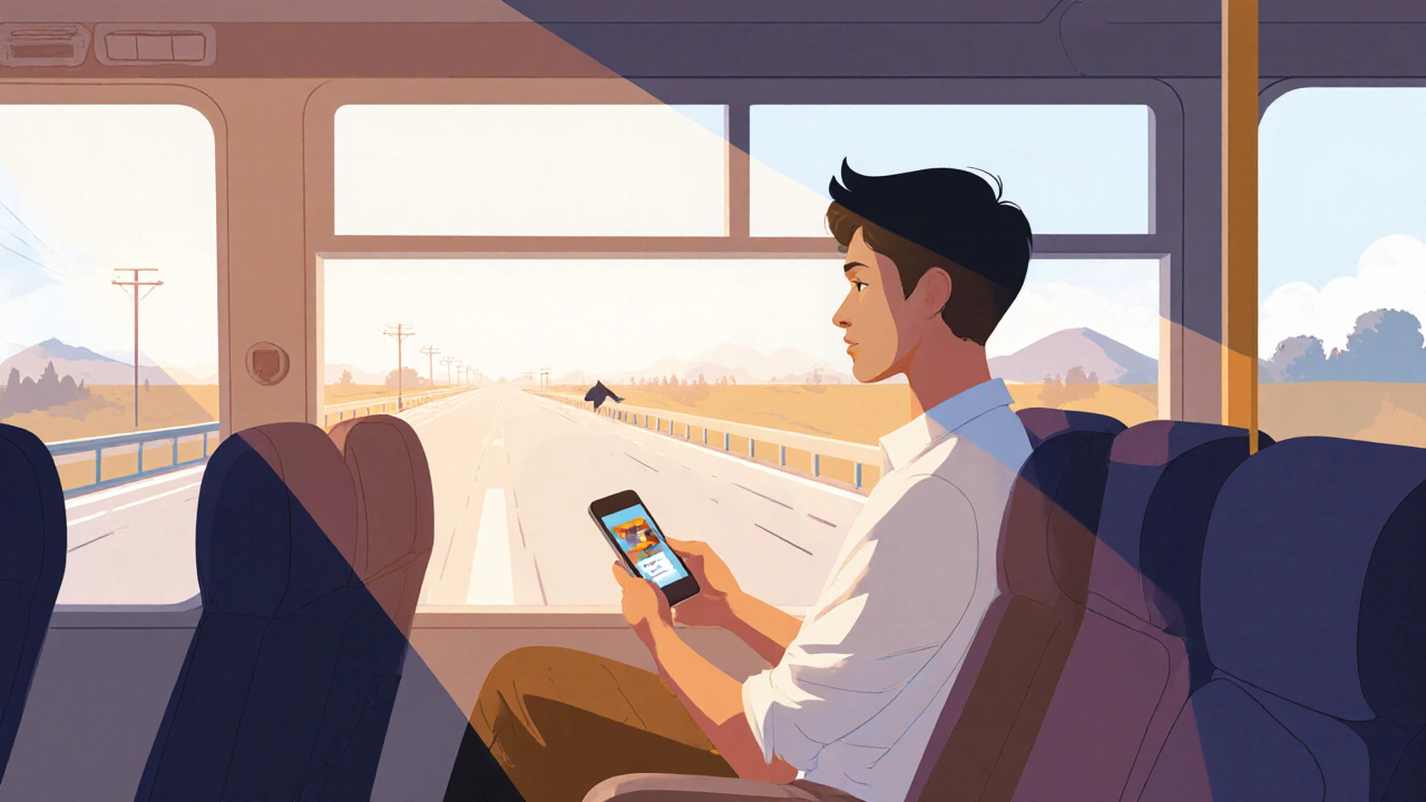A passenger sits in a front bus seat, looking out the window at a distant road while holding a steady phone.