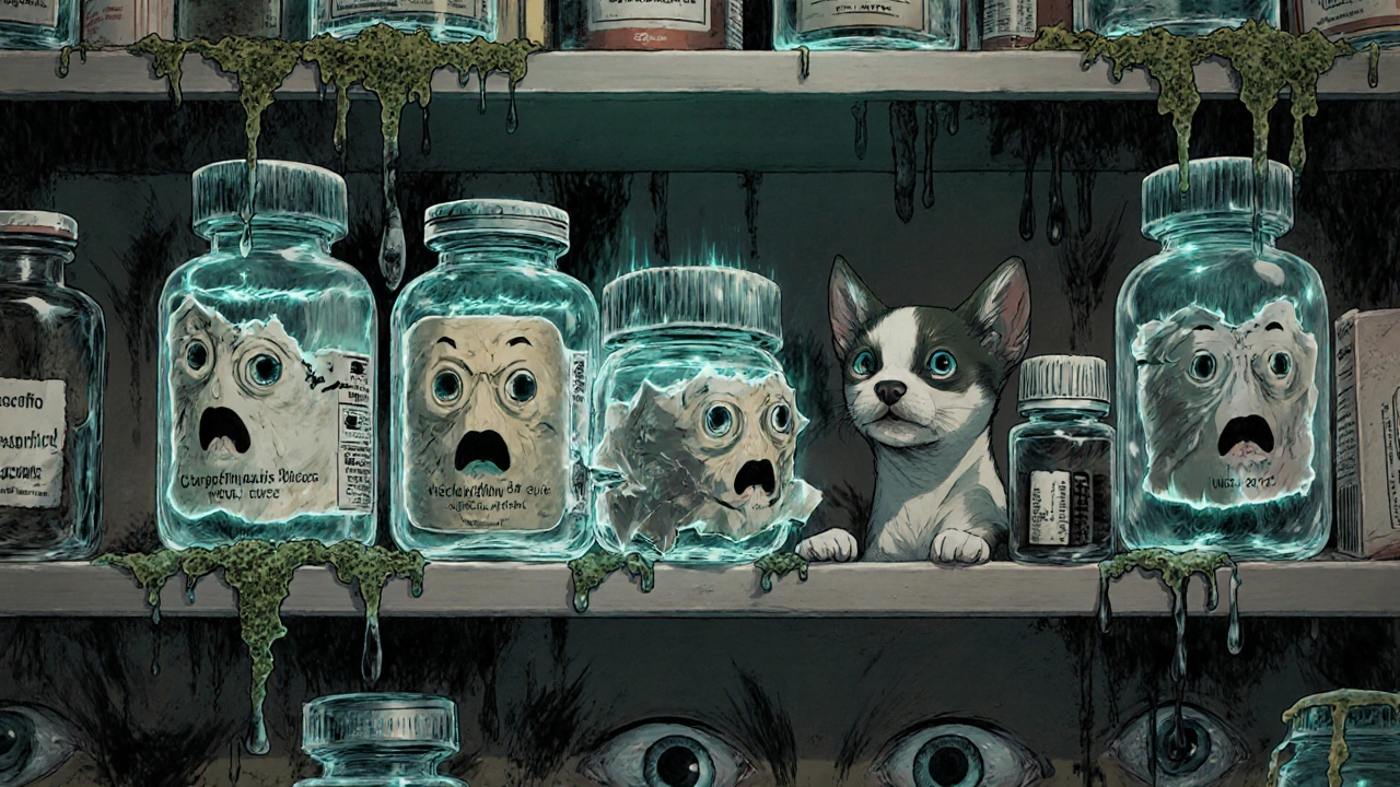 A pharmacy shelf with pulsing antibiotic bottles and crumbling old meds, watched by weeping eyes.