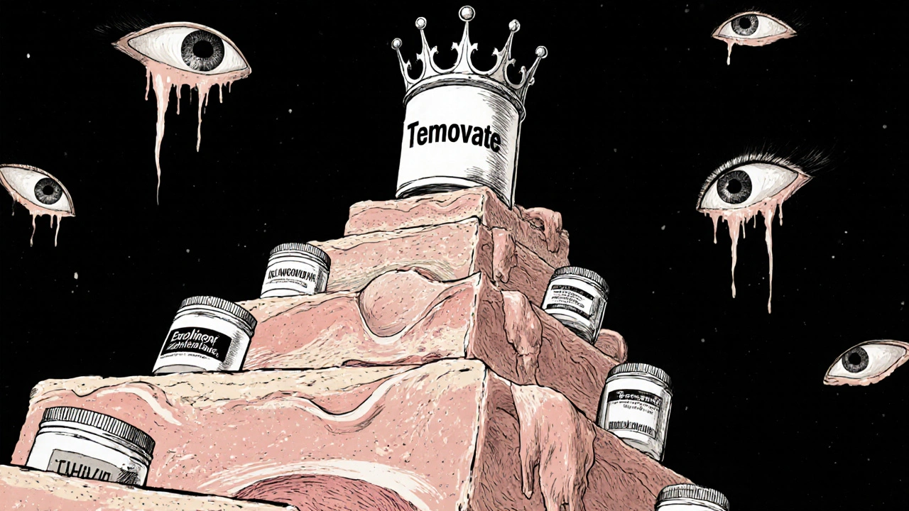 A skin-layered ladder descending from a monstrous Temovate jar to gentler treatments, surrounded by watching eyes.