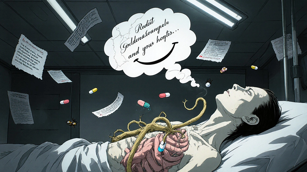 A translucent patient with a goldenseal root growing through their chest, pills melting into smoke above them.