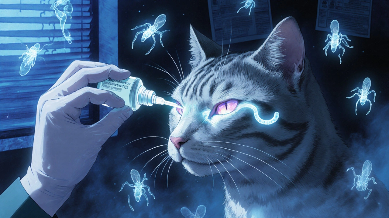 A vet administering eye drops to a cat as ghostly bacteria dissolve in the air.