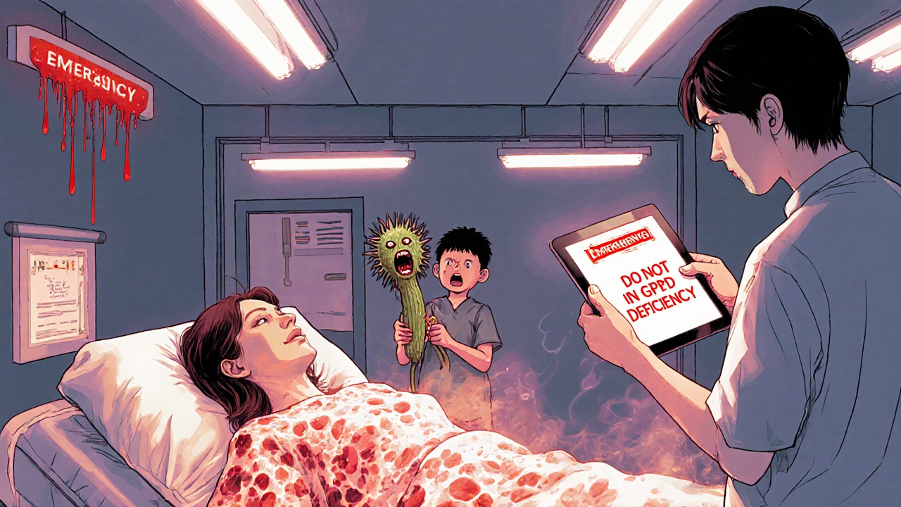 A woman in an ER with dissolving red blood cells, a doctor shocked by a warning tablet, and fava beans turning into screaming faces.