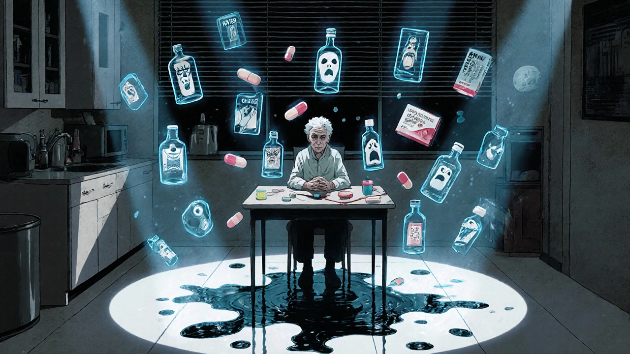 An elderly person sits amid floating, screaming pills and alcohol bottles in a moonlit kitchen.