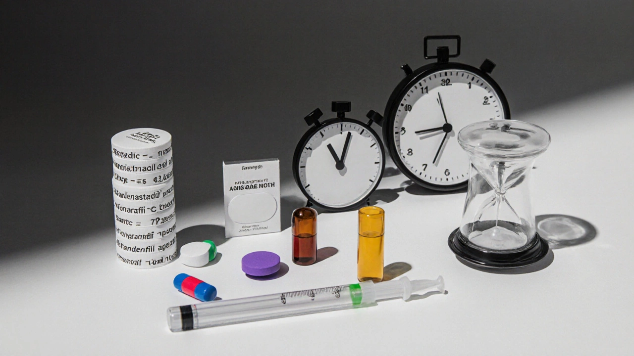 Assorted ED pills and a syringe on a minimalist surface, suggesting medication comparison.