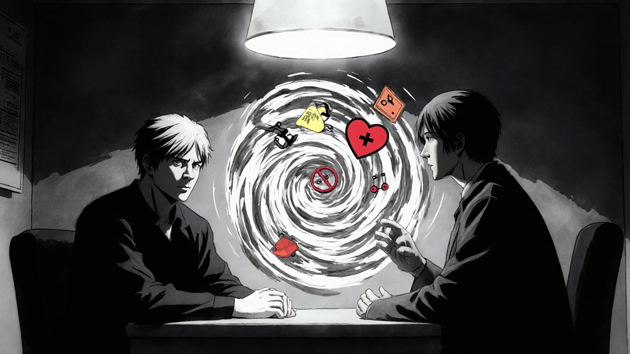 Clinic scene with doctor warning a patient, surrounded by swirling caution symbols.