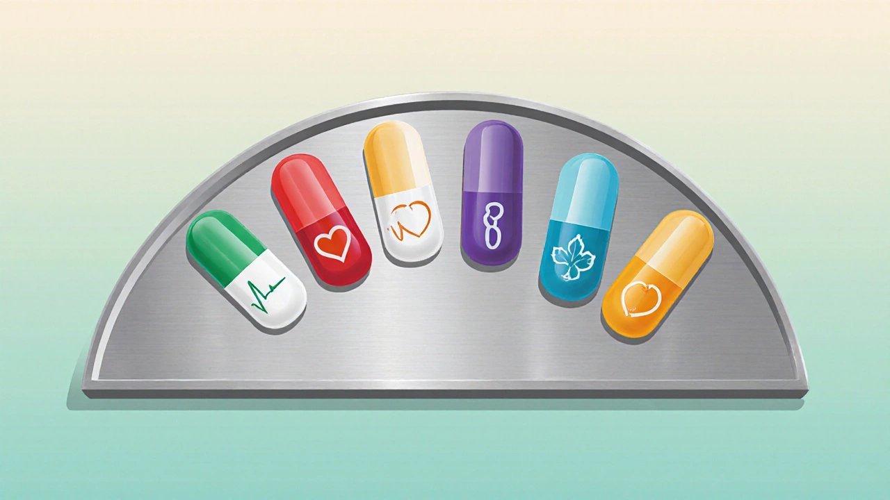 Colorful pill capsules on a tray with subtle icons indicating their medical properties.