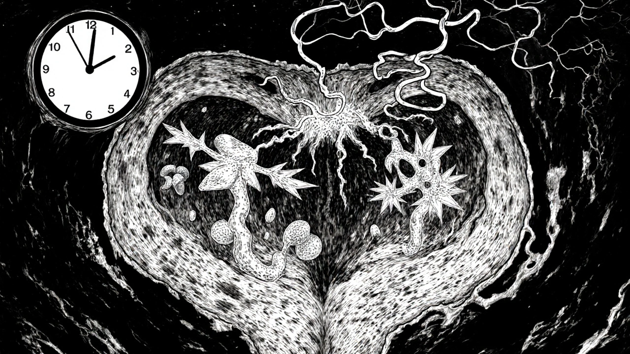 Cross‑section of male pelvis showing blood vessels with stylized sildenafil and dapoxetine molecules.