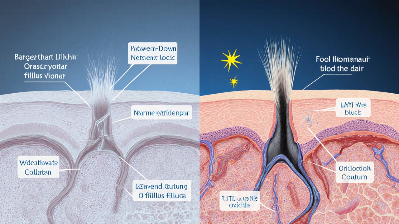 Cutaway illustration of aged scalp with weakened collagen, reduced blood flow, and miniaturized follicles.