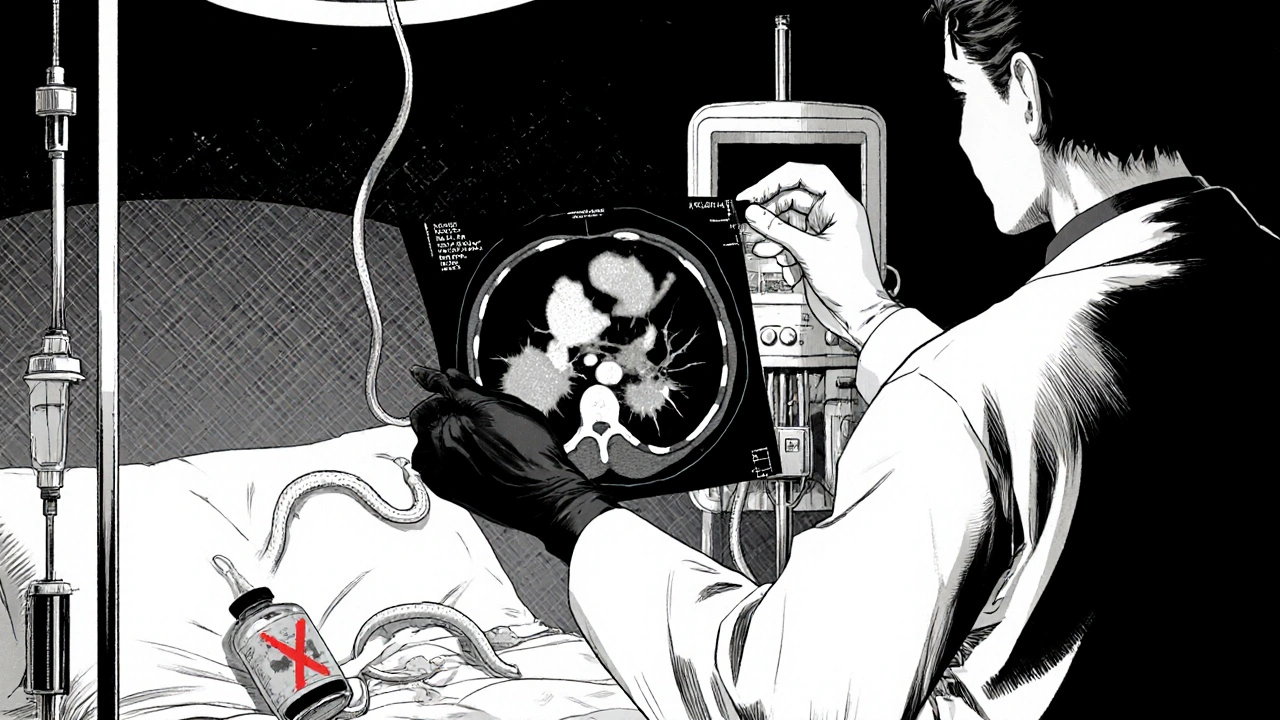 Doctor examining a CT scan of a necrotic pancreas with ominous medical details.