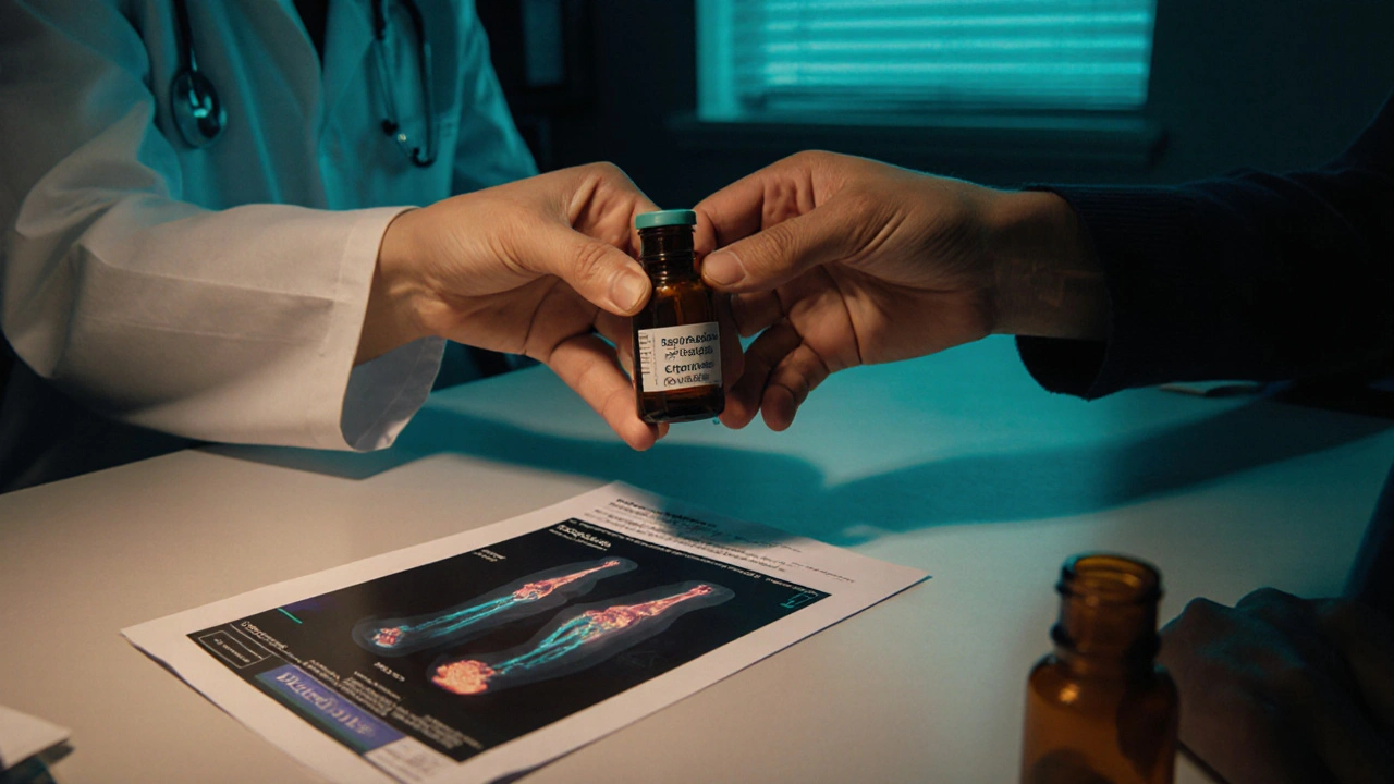 Doctor handing deflazacort to a teen patient, with a bone‑density scan on the desk.
