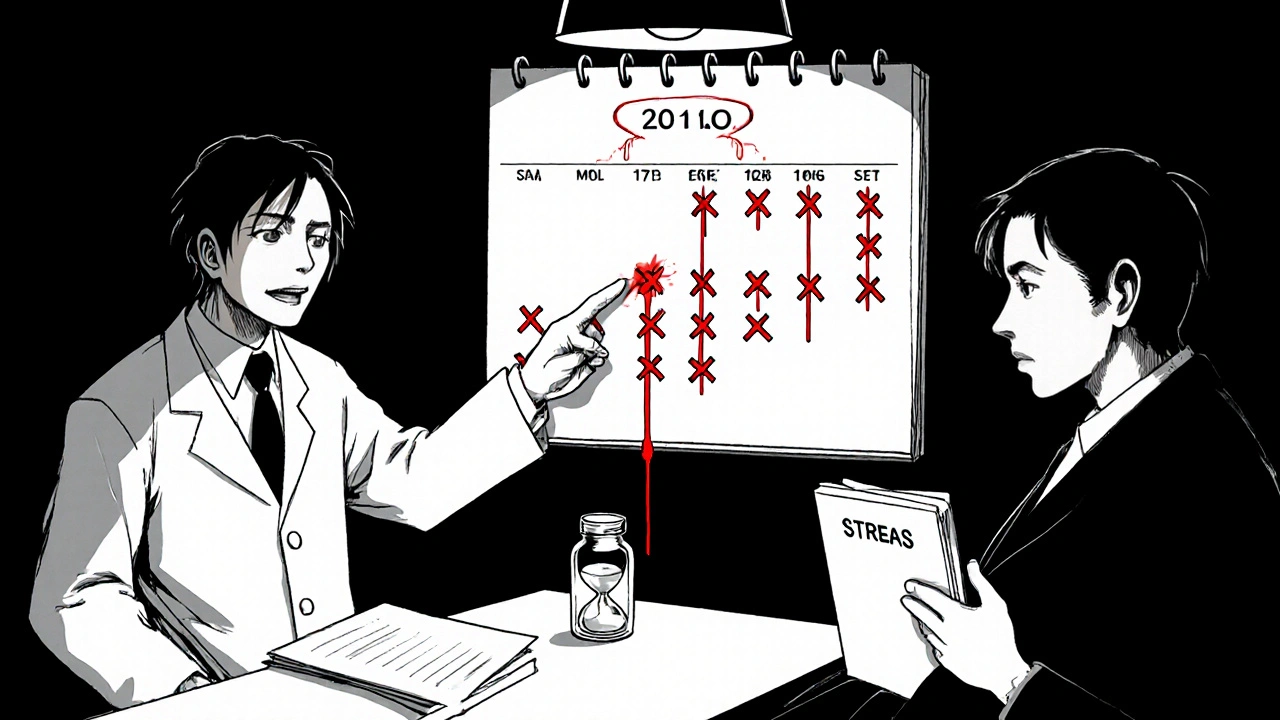 Doctor points to an every‑other‑day calendar beside an atorvastatin vial.