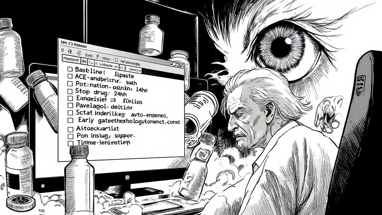 EHR alert as a monstrous eye with DNA helix and floating medication checklist.