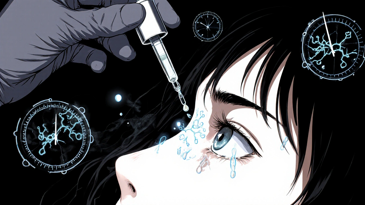 Hand applying an eye drop while ghostly shapes suggest drug action and dosing timing.