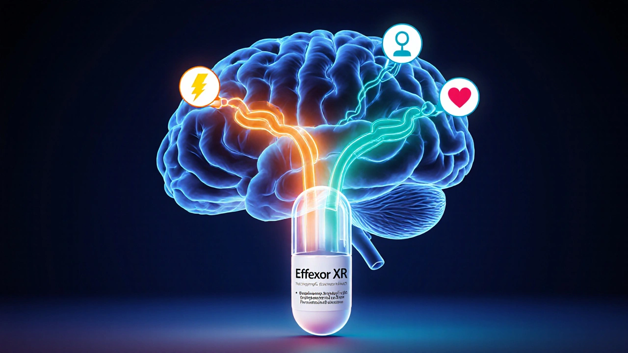 Illustrated brain showing amber norepinephrine and teal serotonin pathways from a capsule.