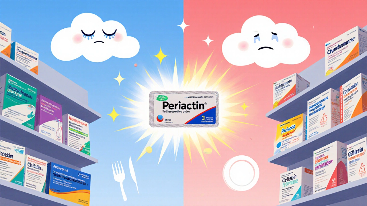 Illustrated pharmacy aisle showing first‑generation antihistamines with sleepy clouds and second‑generation with bright sparkles.
