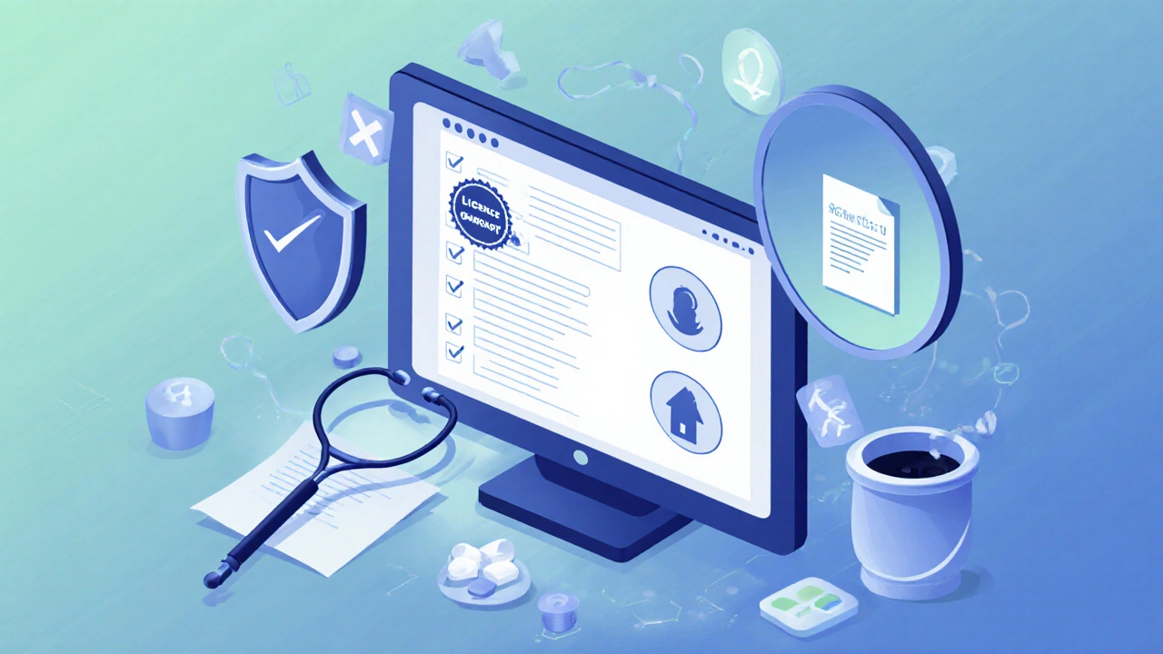 Isometric view of online pharmacy safety checklist with icons.