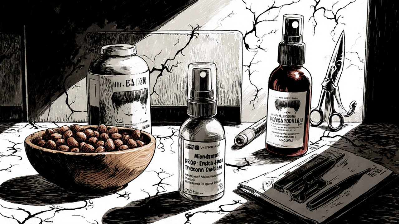 Lab table with dutasteride, minoxidil, saw palmetto, PRP kit, and transplant tools, eerie style.