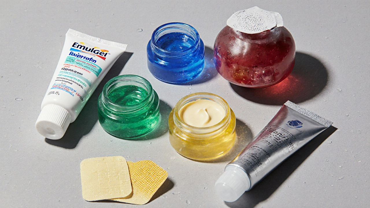 Macro view of six topical pain relief products with distinct colors and textures.