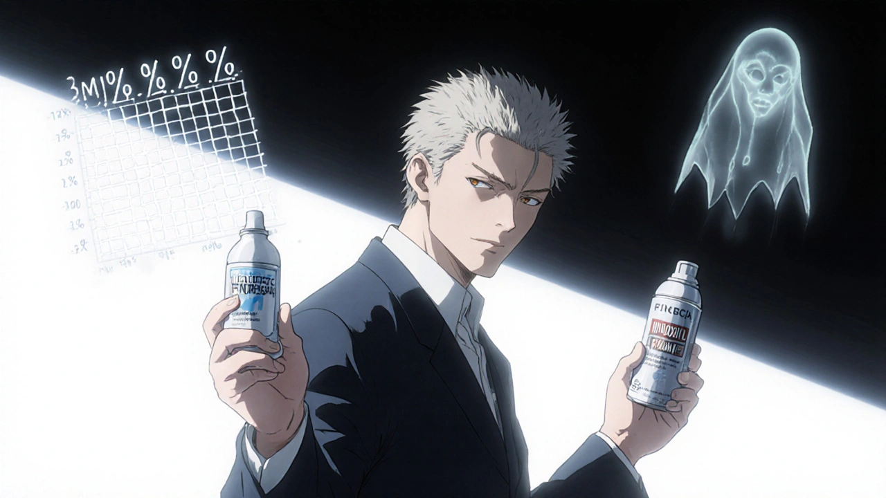 Man shows modest hair regrowth, holding Finpecia and minoxidil, hopeful light in dark style.