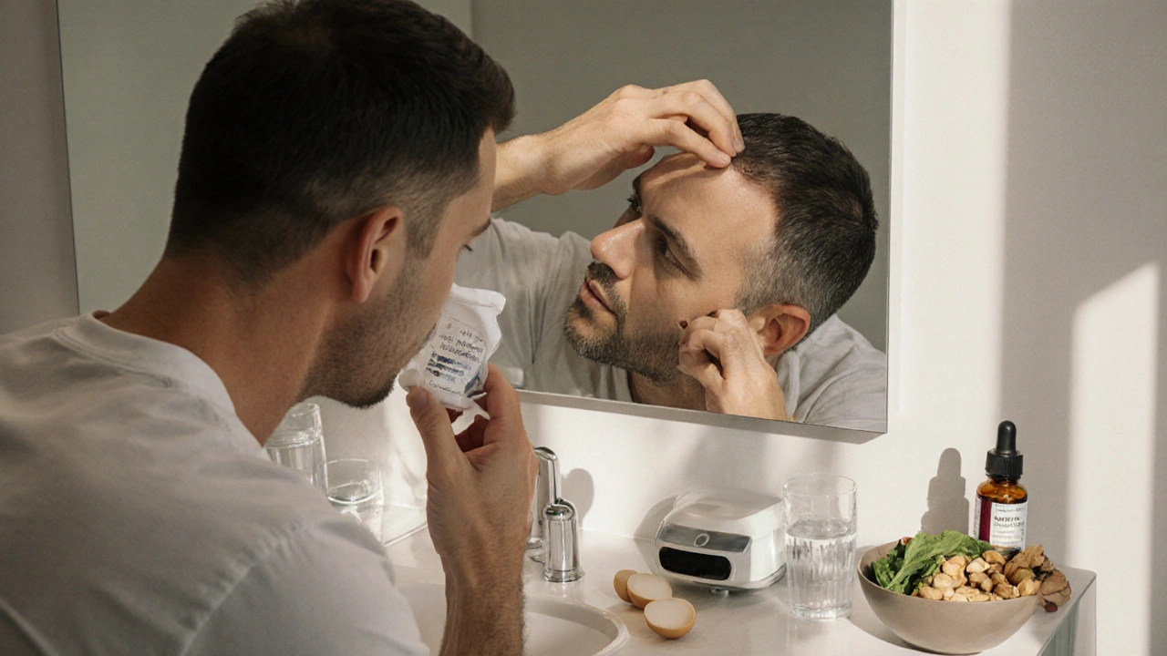 Man using hair‑loss treatments and healthy foods in a bathroom setting.