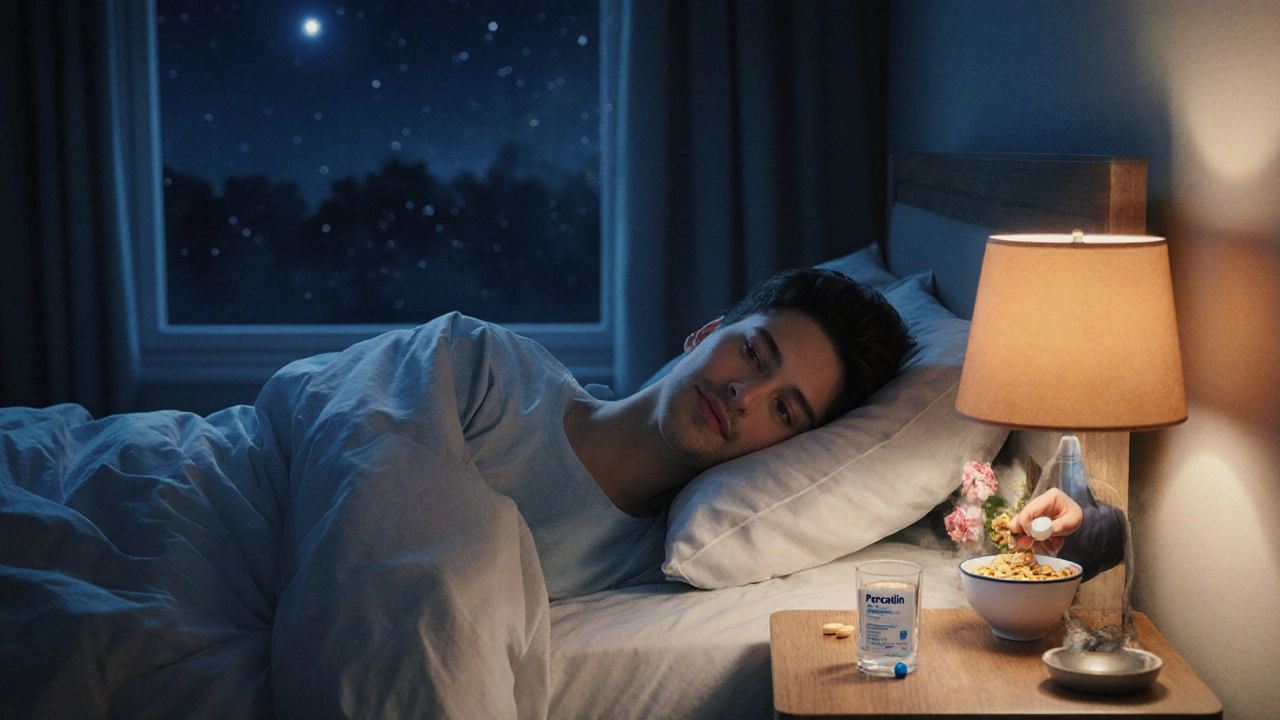 Nighttime bedroom with Periactin tablet on bedside table, transitioning to morning appetite scene.