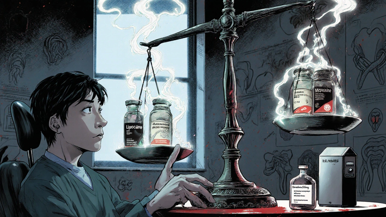 Patient and dentist weigh anesthetic options on a scale with eerie vapor‑filled vials.