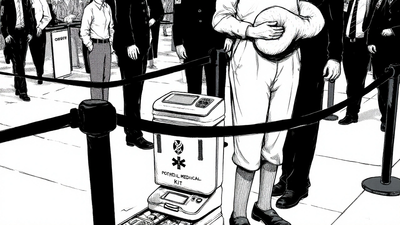 Patient at airport security showing a cooler and medication kit with compression socks.