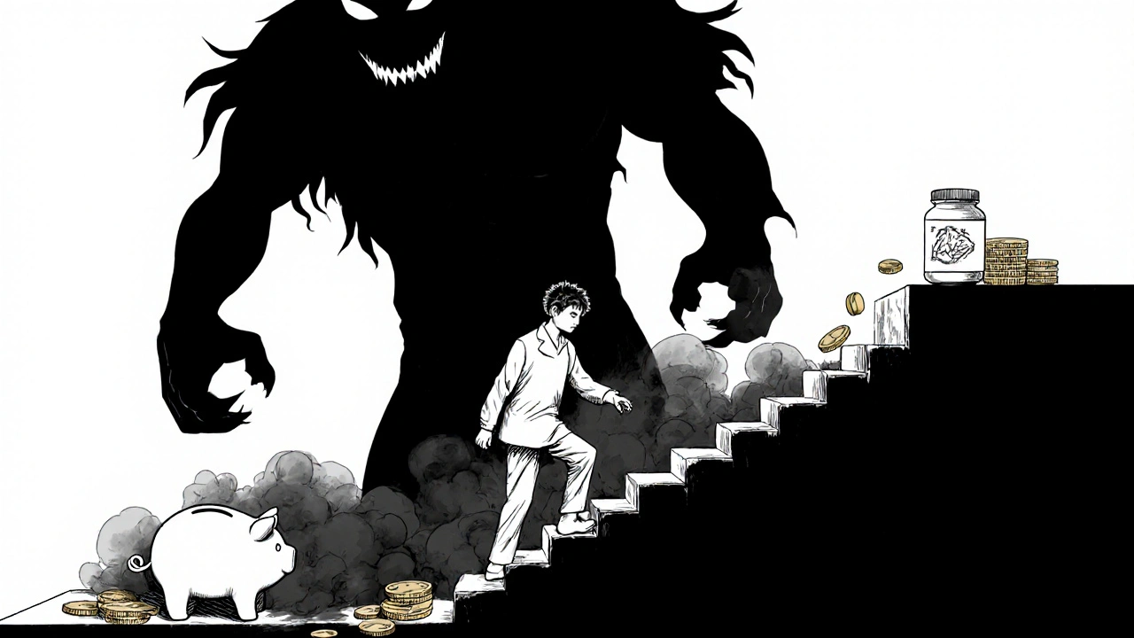 Patient climbs stairs as a fading muscle‑pain monster recedes, showing relief.