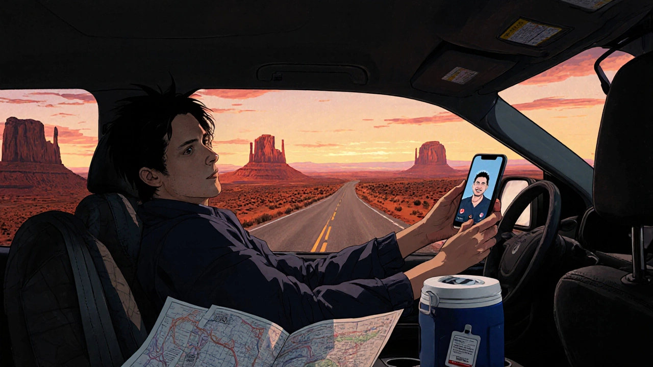 Patient driving through Monument Valley, using a telemedicine app and medical cooler.