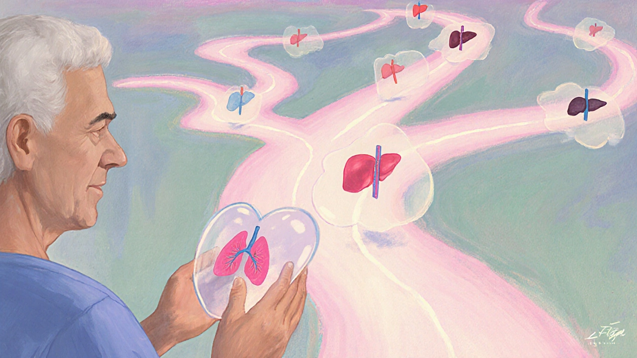 Patient holding a heart model at a branching path of glowing trails representing drug choices.