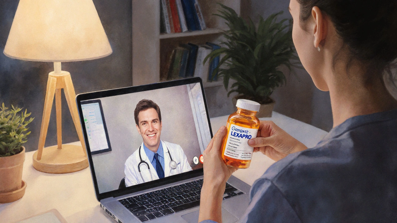 Patient holding a Lexapro bottle during a video call with a doctor in a cozy room.