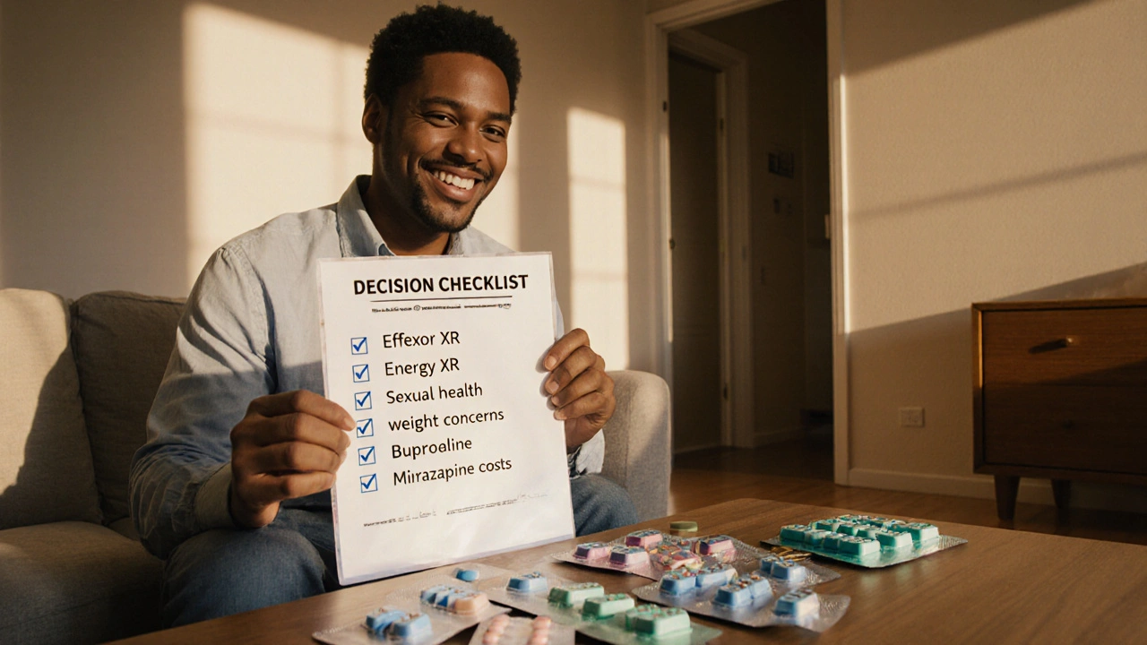 Patient reviewing a checklist with various antidepressant blister packs on a coffee table.