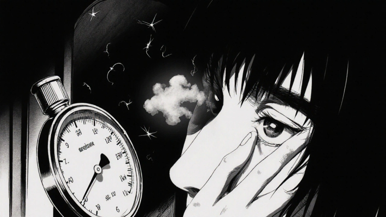 Person checking their eye with a pressure gauge, hinting at side effects.