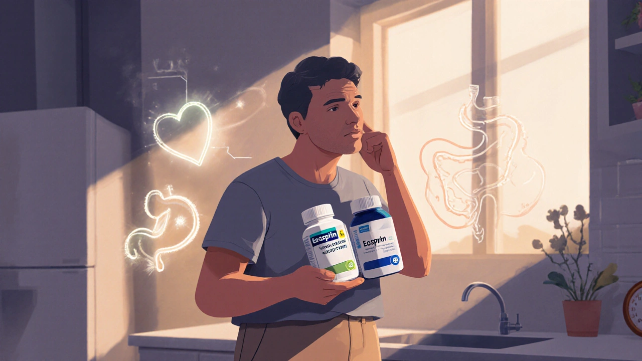 Person holding Ecosprin and an alternative pill bottle, with subtle heart, stomach, and blood‑pressure icons in the background.