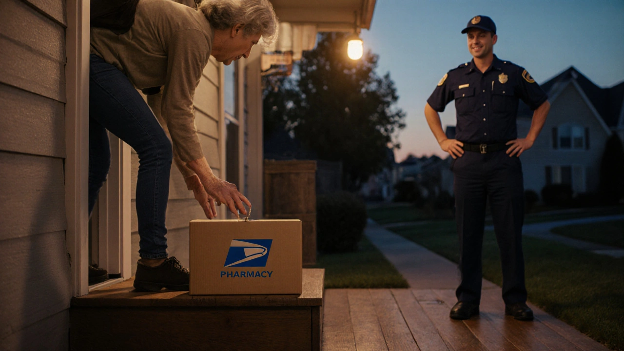 Person receives sealed medication package at doorstep in evening light.