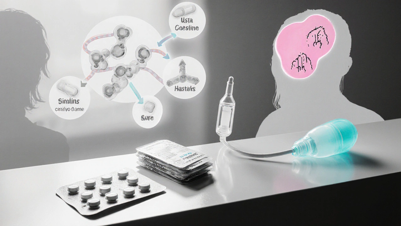 Pharmacy counter with pill packs, IUD, and visualized hormone binding in cyan accent.