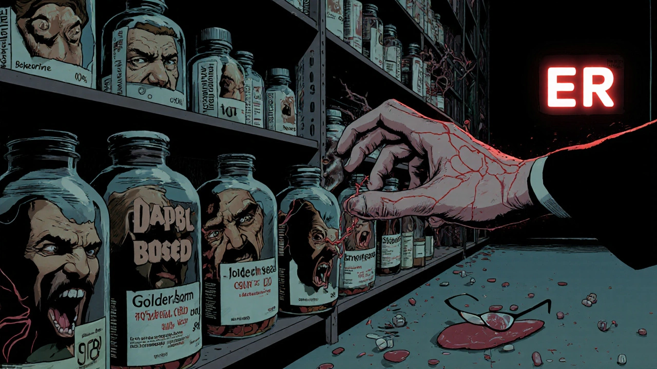 Pharmacy shelves with screaming bottles of goldenseal, berberine levels warping, a hand reaching toward one as veins connect to an ER sign.