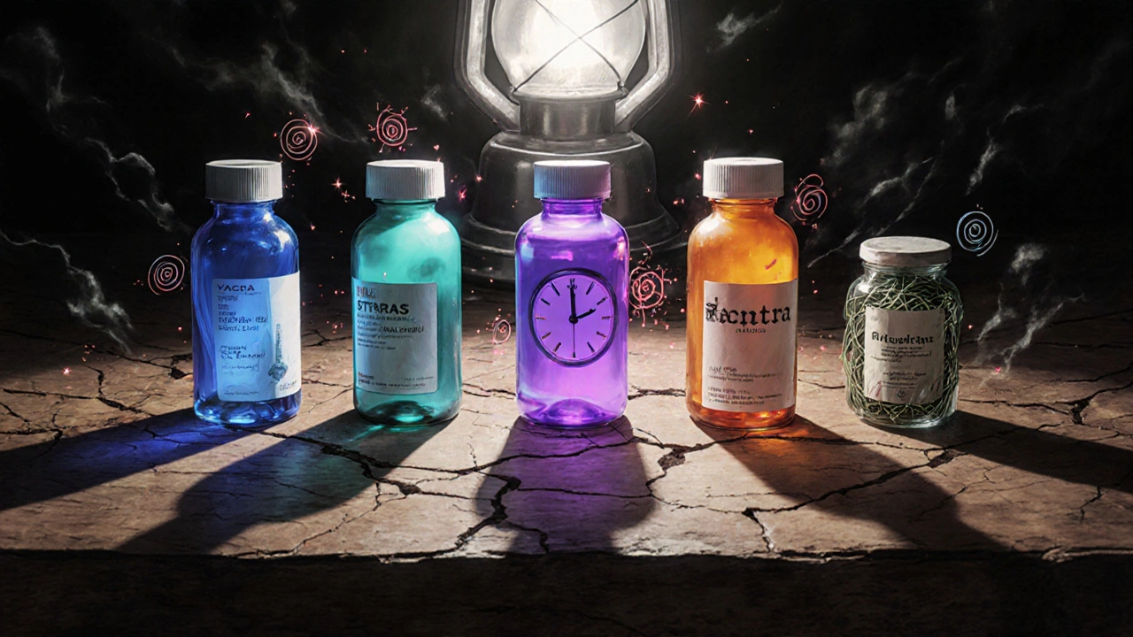 Six different medication bottles arranged on a wooden table with subtle visual cues for side effects.