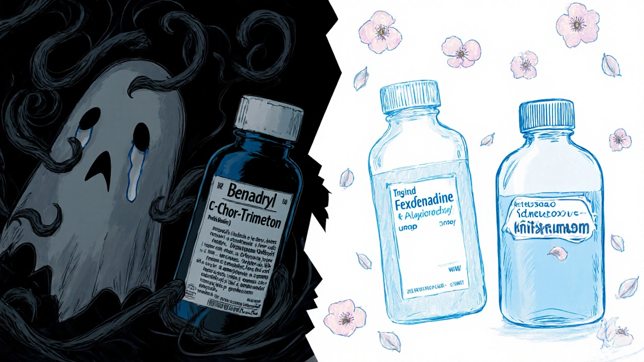 Split scene of dark first‑generation antihistamine bottles versus bright second‑generation pills, in Junji Ito style.