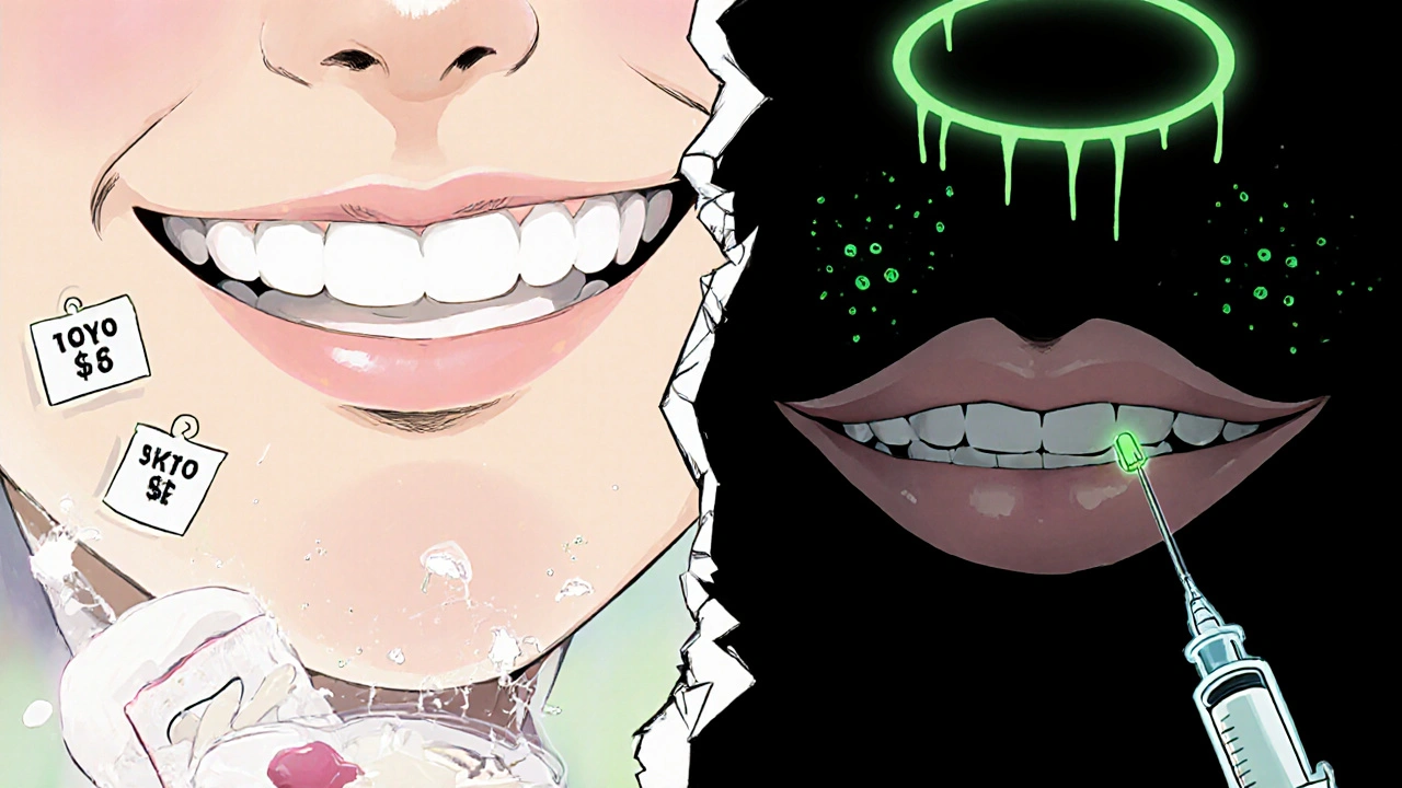 Split scene showing smiling patient with quick recovery versus numb, allergic reaction side.