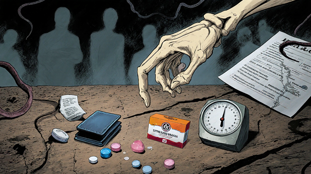Table with different ED pills, a skeletal hand weighing them, and ghostly symbols of cost and prescriptions.