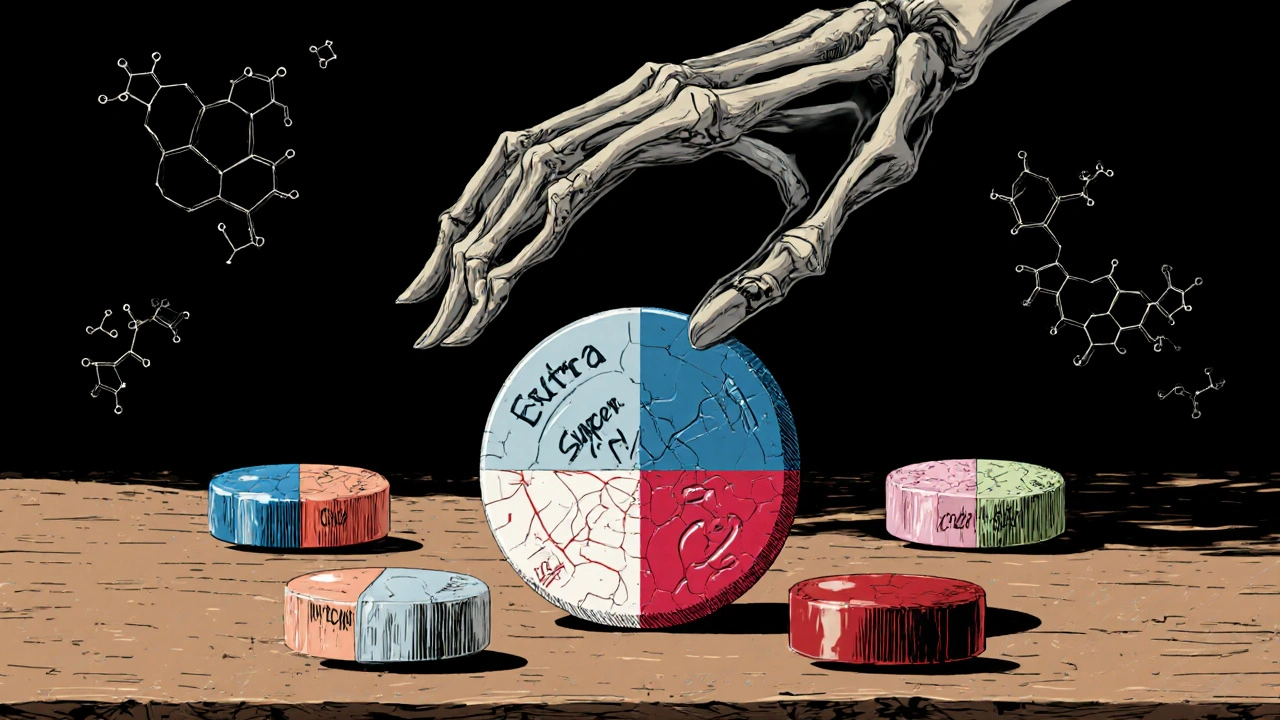 Table with Extra Super Levitra tablet surrounded by Viagra, Cialis, and Stendra pills, rendered grotesquely.
