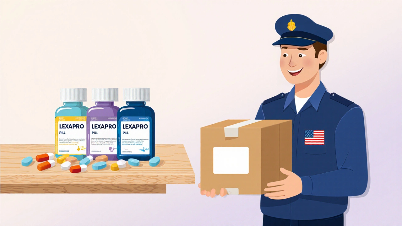Three Lexapro pill bottles and a delivery box with a courier handing them to a homeowner.
