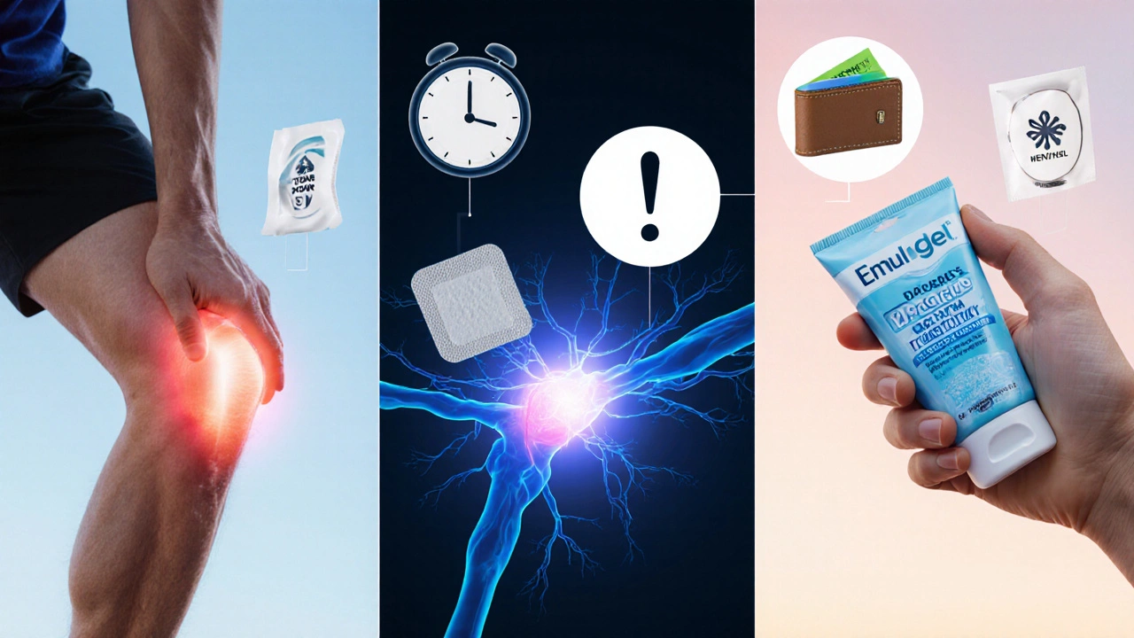 Three-panel illustration showing Emulgel, lidocaine patch, and menthol rub with decision icons.