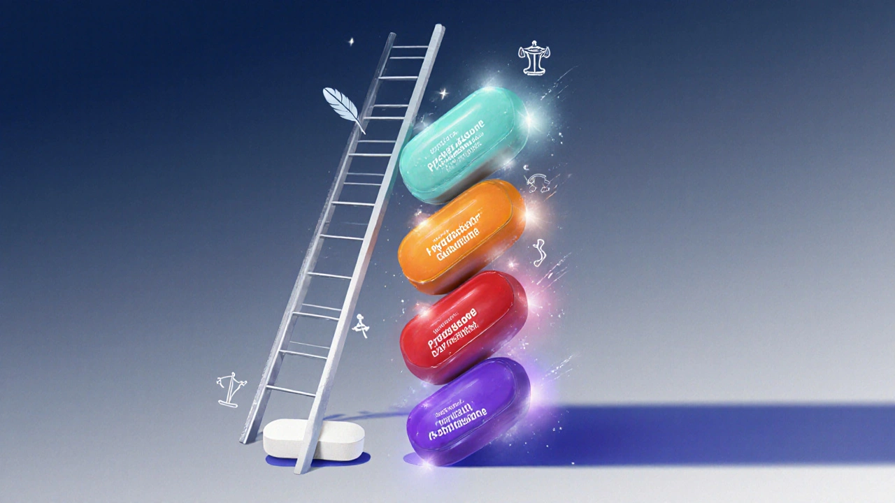 Vertical ladder of colored pills illustrating increasing steroid potency with subtle health icons.