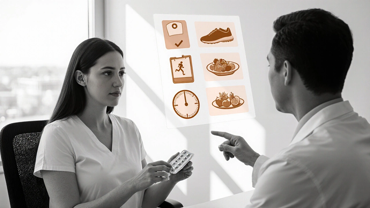 Woman with doctor reviewing treatment, surrounded by lifestyle icons in amber highlight.