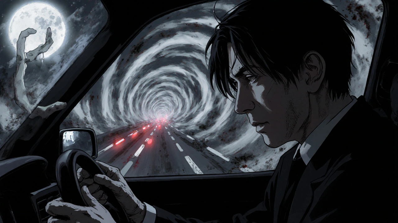 Yawning driver with blurred vision, surrounded by swirling shadows, depicted in Junji Ito horror manga style.